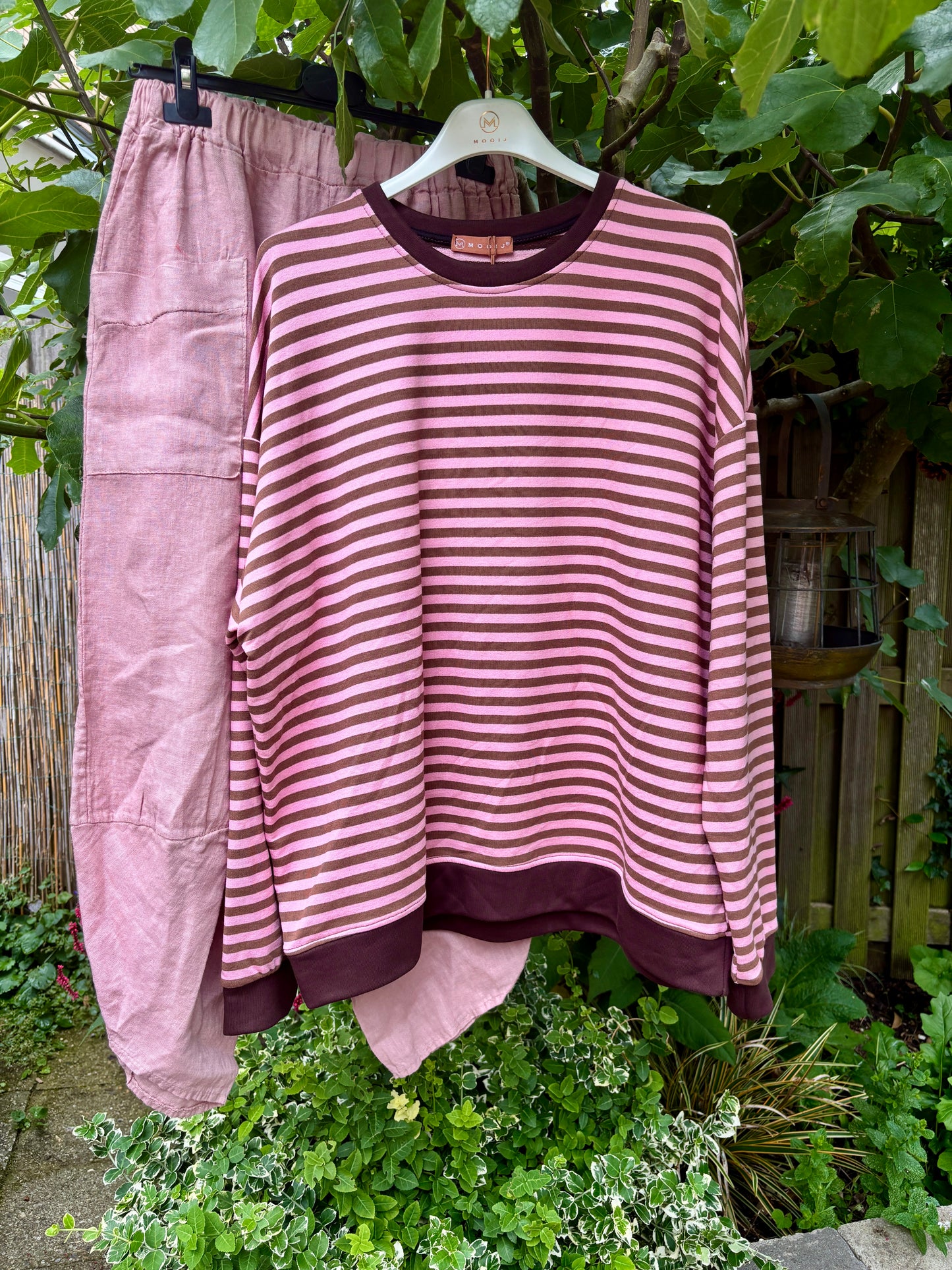Streep sweater roze/bruin