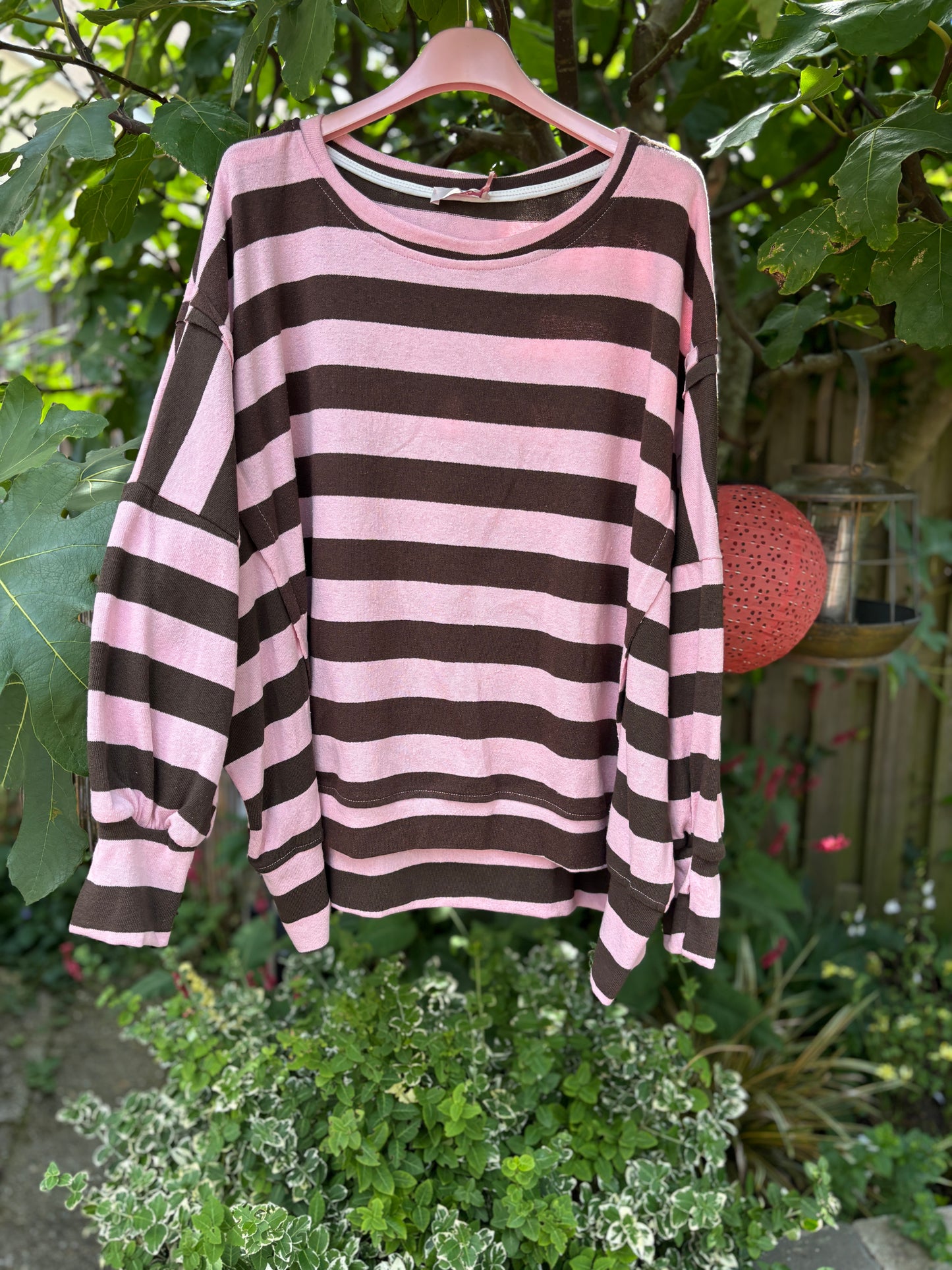 Streep sweater roze/bruin
