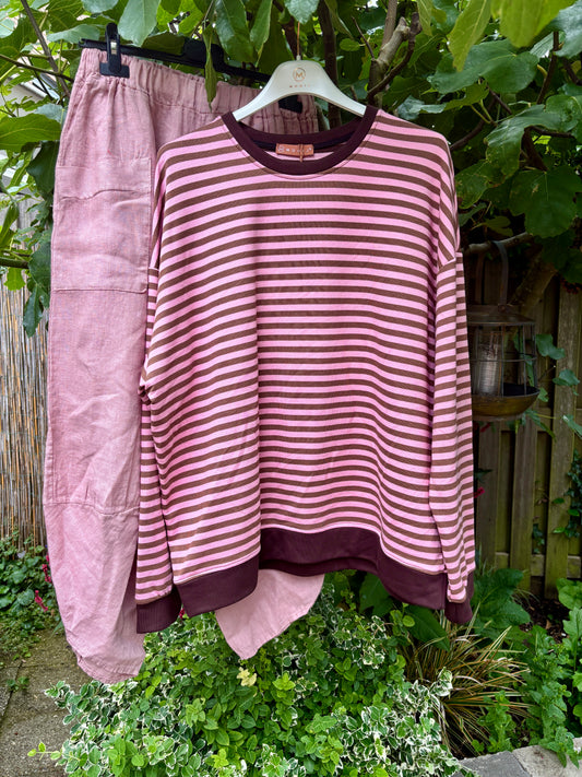 Streep sweater roze/bruin