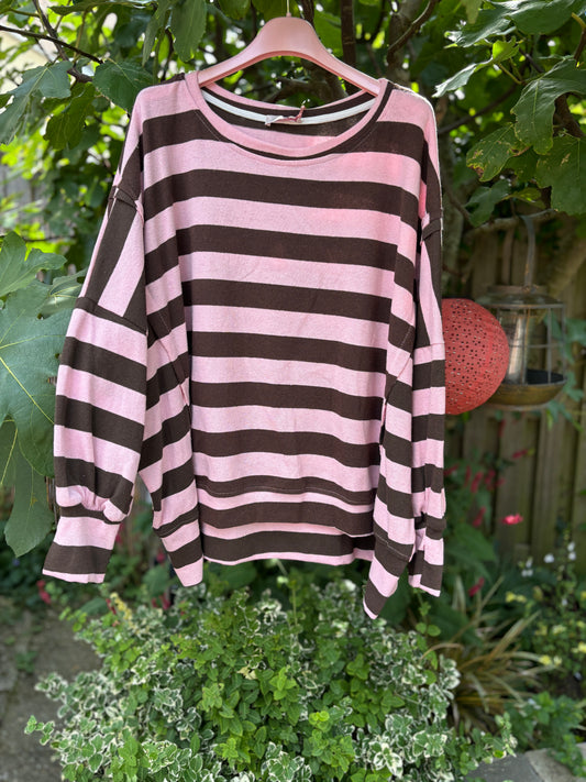 Streep sweater roze/bruin